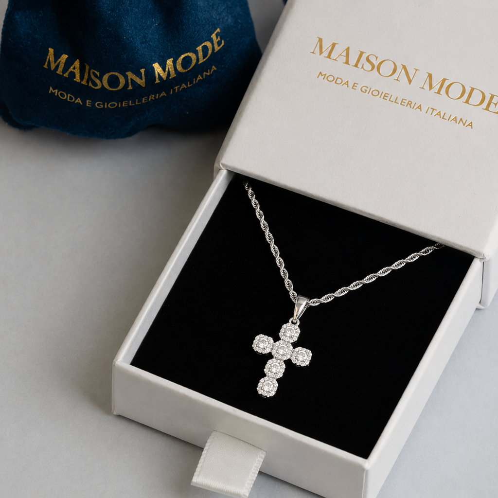 Collana con Ciondolo a Croce - Zirconi in Argento Ipoallergenico