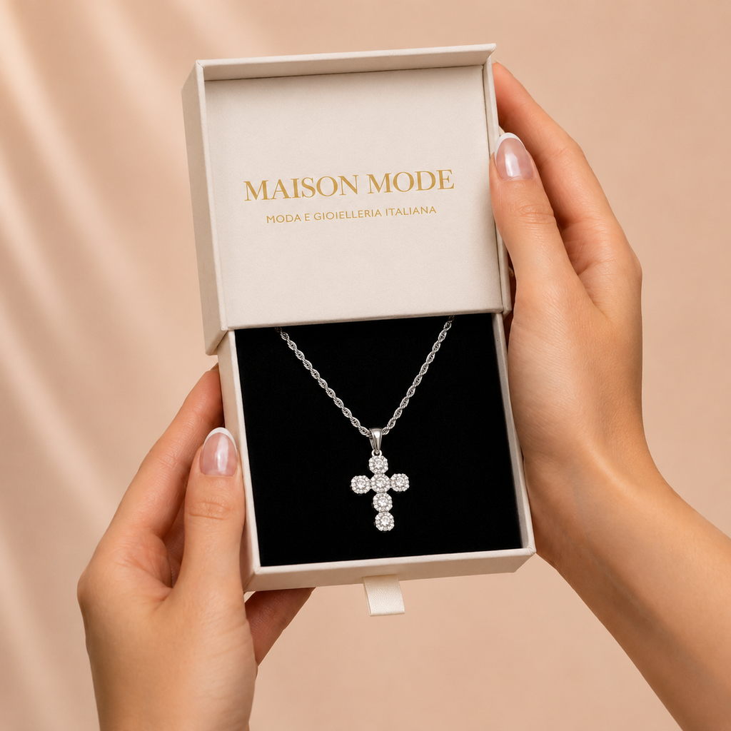 Collana con Ciondolo a Croce - Zirconi in Argento Ipoallergenico