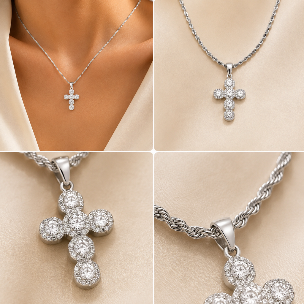 Collana con Ciondolo a Croce - Zirconi in Argento Ipoallergenico