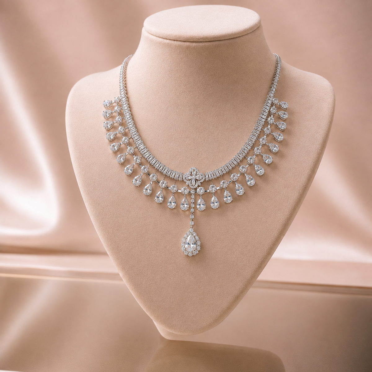 Collana con fiori di zirconi e ciondolo goccia d'acqua - elegante e raffinata