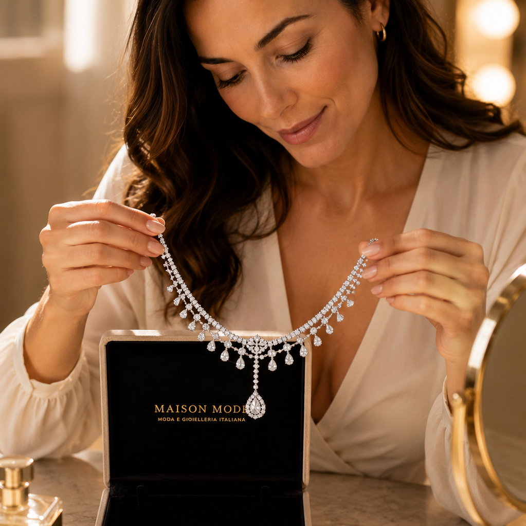 Collana con fiori di zirconi e ciondolo goccia d'acqua - elegante e raffinata